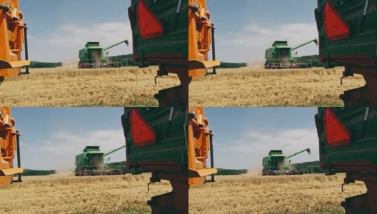 联合收割机在阳光明媚的乡村田野里收割小麦，动作缓慢高清在线视频素材下载