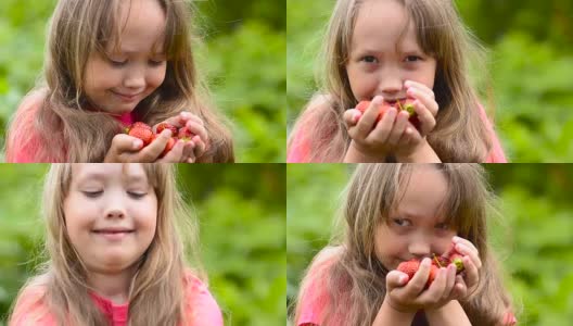 草莓，红扑扑的，熟透了，姑娘闻着甜美的香味，面带微笑。健康的食物高清在线视频素材下载