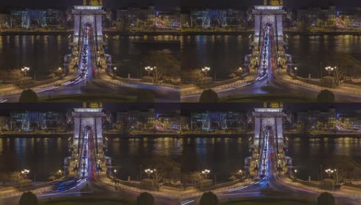 在布达佩斯的铁链桥的夜晚，时光流逝高清在线视频素材下载