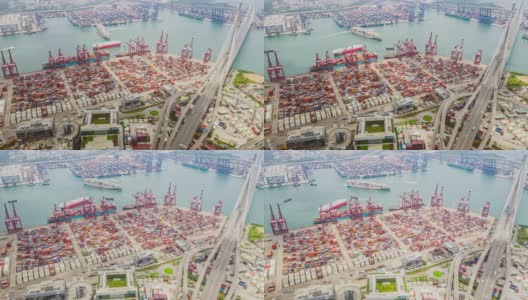 4K超高清超延时香港港口工业区，货柜船，起重机和汽车交通。物流行业或货运经营理念，无人机空中俯视高清在线视频素材下载