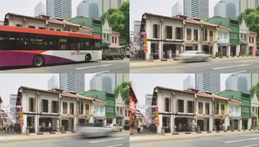摄影相机拍摄时间流逝老建筑和街道交通，新加坡高清在线视频素材下载