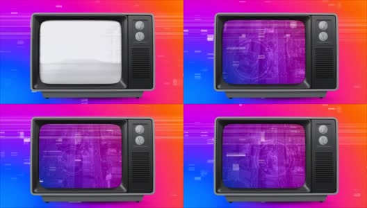老电视与城市景观在屏幕上对抗色彩混乱的效果高清在线视频素材下载