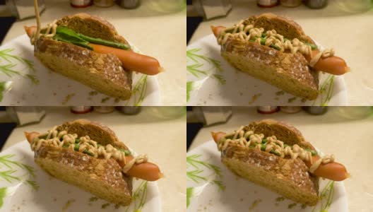 黄芥末和番茄酱热狗三明治高清在线视频素材下载