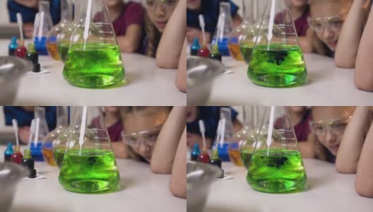 关闭了。实验室工作人员将化学液体与水混合在玻璃烧瓶中，向孩子们展示化学反应是如何以颜色进行的高清在线视频素材下载