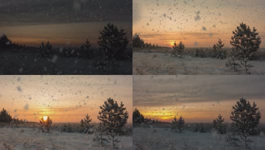 冬天日出时间流逝与美丽的雪，美丽的冬季景观高清在线视频素材下载