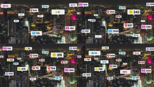 社交媒体图标飞过市中心，显示人们的参与联系高清在线视频素材下载