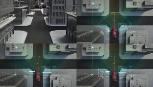 自动驾驶汽车连接交通信息物联网，十字路口用户界面，俯视图，4k动画。高清在线视频素材下载