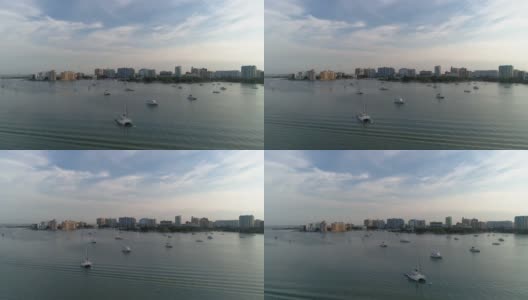 萨拉索塔市中心和Golden Gare Point的远景鸟瞰图。清晨，多艘游艇停泊在萨拉索塔湾。高清在线视频素材下载