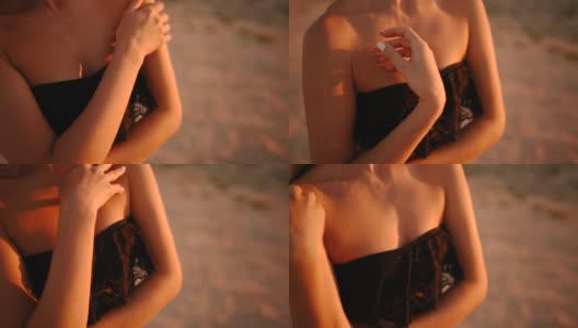 年轻的瘦性感的女人在胸罩内衣抚摸自己高清在线视频素材下载