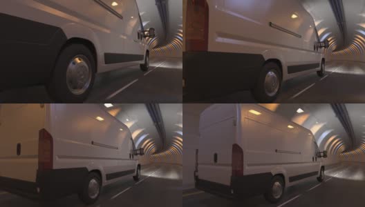 后方和侧视图的白色货车移动在一个隧道高清在线视频素材下载