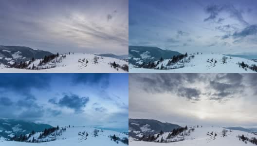 山峰上的雪被风吹走了。冬天的风景。天很冷，下着雪。高清在线视频素材下载