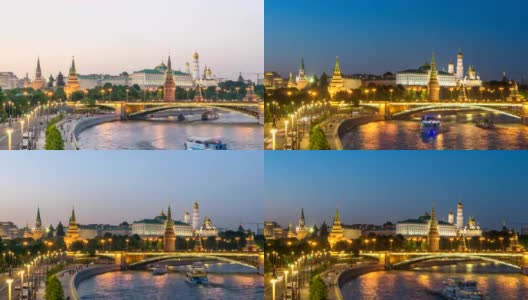 莫斯科城市天际线白天黑夜在克里姆林宫宫殿红场和莫斯科河，莫斯科俄罗斯4K时间流逝高清在线视频素材下载