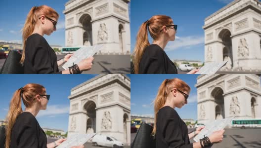 游客与巴黎城市地图欣赏凯旋门高清在线视频素材下载