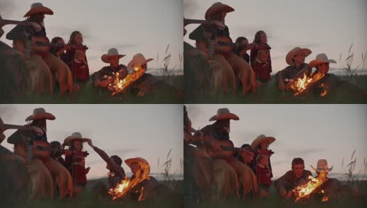 犹他州牧场主一家在篝火旁高清在线视频素材下载