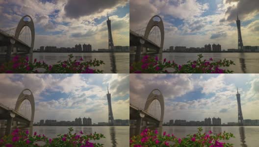 阴天广州市著名的广州塔桥湾花全景4k时间流逝中国高清在线视频素材下载