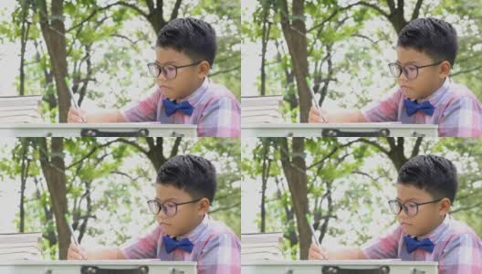 一个亚洲男孩在户外写书。家庭观念、教育观念、小学观念、成长观念、学习观念、发展观念。4 k决议。高清在线视频素材下载