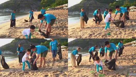 一群年轻的志愿者帮助保持自然清洁，并在沙滩上捡拾垃圾。高清在线视频素材下载