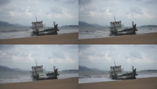 船被暴风雨冲到岸边。高清在线视频素材下载