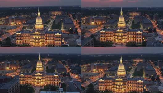 密歇根州国会大厦在黄昏被照亮-空中高清在线视频素材下载