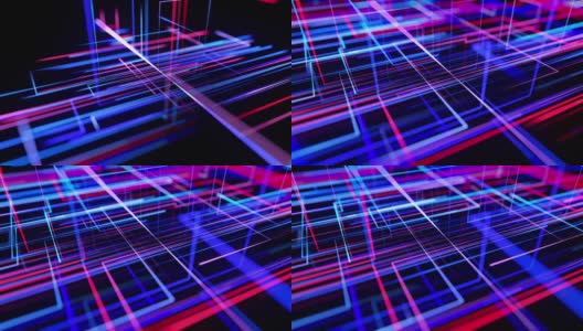 运动图形，科幻bg与流动的蓝色红色霓虹辉光线形成数字三维空间。连接的概念。可视化神经网络操作，多种分支的计算。4 k景深高清在线视频素材下载