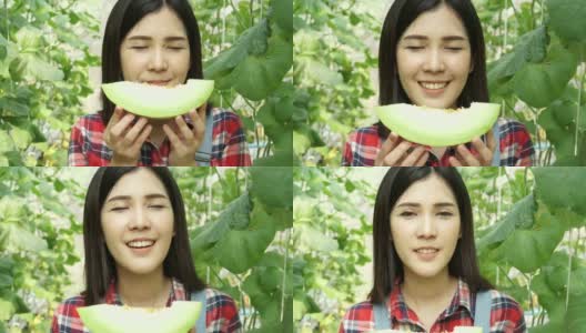 年轻美丽的亚洲女性水果蔬菜农村农民有一片甜瓜和闻西瓜田的味道高清在线视频素材下载