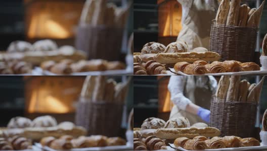 一个卖烘焙产品的面包师，镜头逐渐聚焦高清在线视频素材下载
