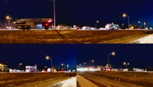 带着灯和警报器的消防车到达了高速公路上的事故现场高清在线视频素材下载