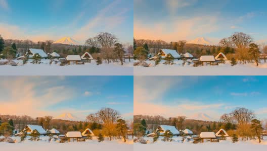 日本冬季暴雪后，以4k延时拍摄的大野Hakkai村日出与富士山为背景高清在线视频素材下载