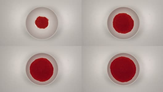 顶视图:红辣椒粉填满一个白色的盘子-停止运动高清在线视频素材下载