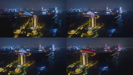 中国夜景时间照亮武汉城市景观青川大桥航拍全景4k时间流逝高清在线视频素材下载