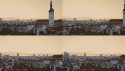 爱沙尼亚塔林,欧洲。清晨日出中的老城城市景观。受欢迎的地方和著名的地标。联合国教科文组织。潘全景高清在线视频素材下载