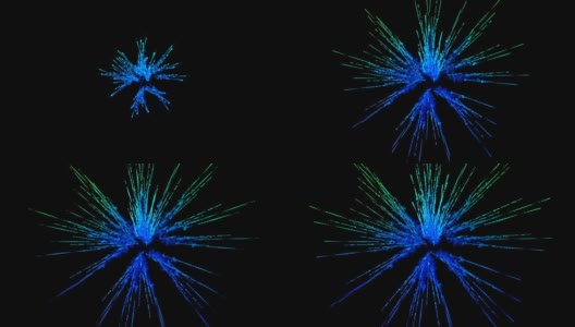 蓝色粉末在黑色背景上爆炸。3d动画的粒子作为彩色的背景或覆盖的效果。一阵阵五彩的颜料粉，为胡里节的绚烂呈现。3.高清在线视频素材下载