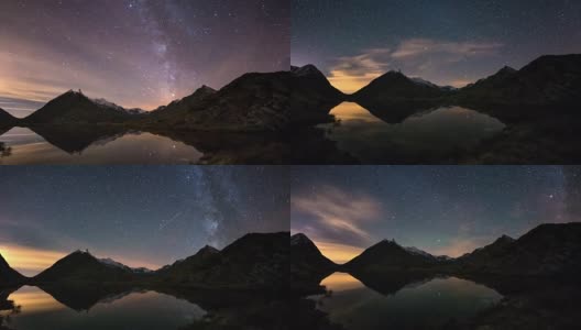 银河的旋转和雪山外的星空，映照在田园诗般的松树湖上。猎户座从左到右。时间流逝的视频。高清在线视频素材下载