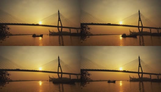 夕阳下的曼谷天际线和普密蓬大桥高清在线视频素材下载