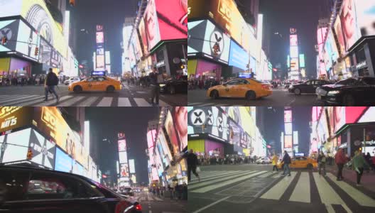 慢镜头:时代广场灯光与交通，汽车和行人的夜晚高清在线视频素材下载