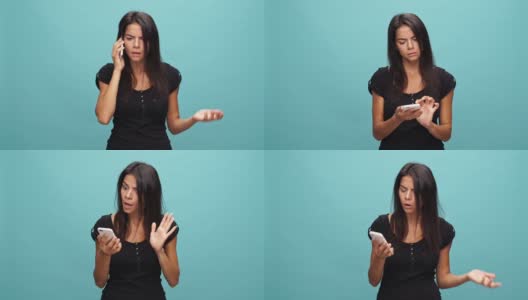 困惑的黑发女人在t恤吵架的智能手机高清在线视频素材下载