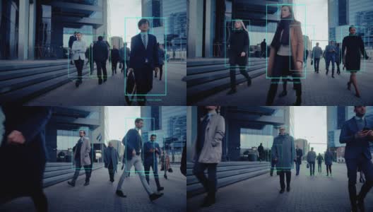 一群用科技跟踪的商人在繁忙的城市街道上行走。CCTV AI人脸识别大数据分析界面扫描，显示动画信息。高清在线视频素材下载