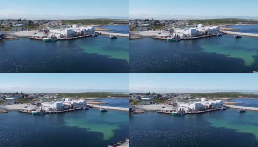 甘斯湾的小型工作港口和工厂，水面上飞翔着一大群白色海鸥高清在线视频素材下载