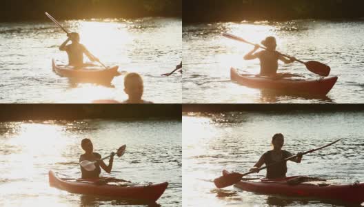 HD CRANE:年轻人在湖中划独木舟高清在线视频素材下载