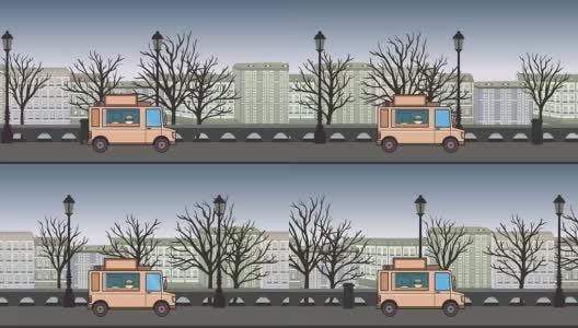 动画食品卡车通过秋天的城市。在风景背景上移动的车辆。平面动画。高清在线视频素材下载