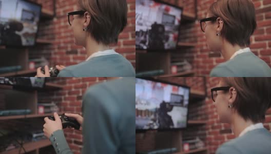 女孩玩第一人称射击游戏高清在线视频素材下载