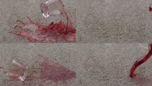 慢镜头里，一杯蔓越莓汁洒在地毯上高清在线视频素材下载
