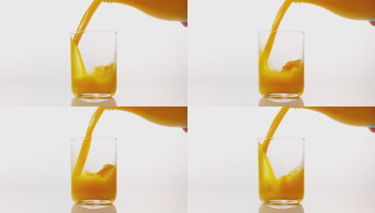 在白色背景下，将橙汁倒入玻璃中，慢动作4K高清在线视频素材下载