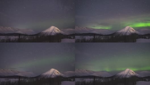 冬夜星空与雪山绿光的时间流逝。高清在线视频素材下载