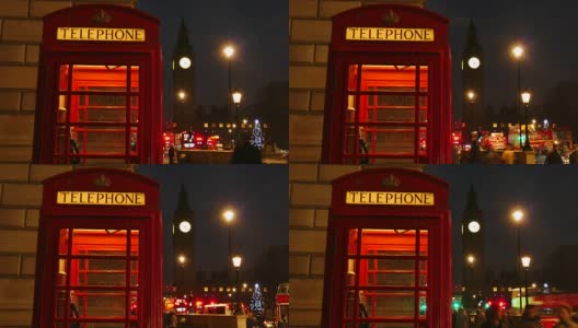英国伦敦，大本钟和国会大厦前的标志性红色电话亭。高清在线视频素材下载