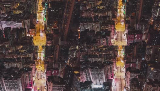 4K超高清Hyperlapse延时拍摄香港市区道路上的车辆交通和夜间行人，无人机空中摄影俯视图。通勤，亚洲城市生活，或公共交通概念高清在线视频素材下载