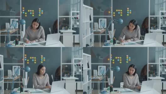忙碌的亚洲办公室职员使用笔记本电脑在笔记本上写，女人是在后台工作高清在线视频素材下载