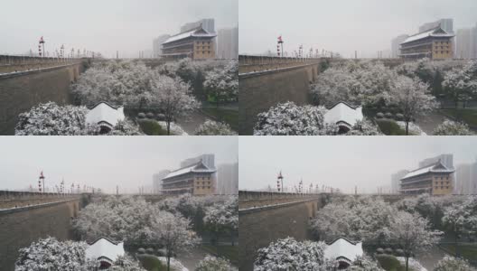西安古城墙在雪中，中国。高清在线视频素材下载