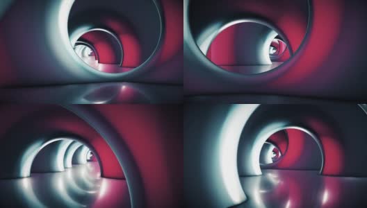 穿越未来的隧道。抽象科幻3D动画。照明廊道、室内设计、宇宙飞船、科学、实验室、技术、科学、建筑、工业的概念高清在线视频素材下载