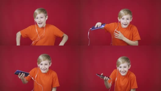 戴着耳机和手机跳舞的男孩高清在线视频素材下载